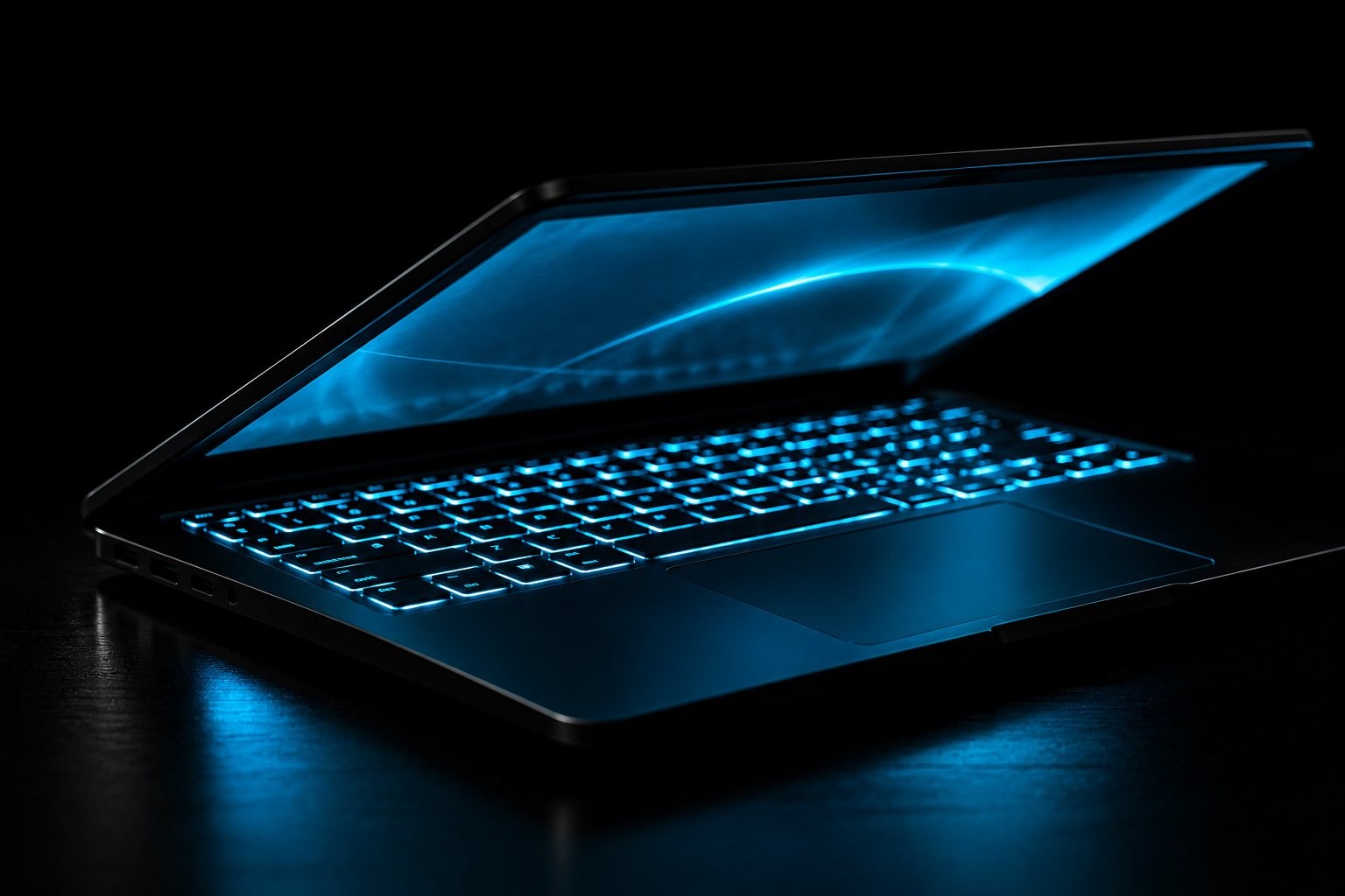X3 API: a black laptop on a black surface, its keyboard and screen lit only in cyan